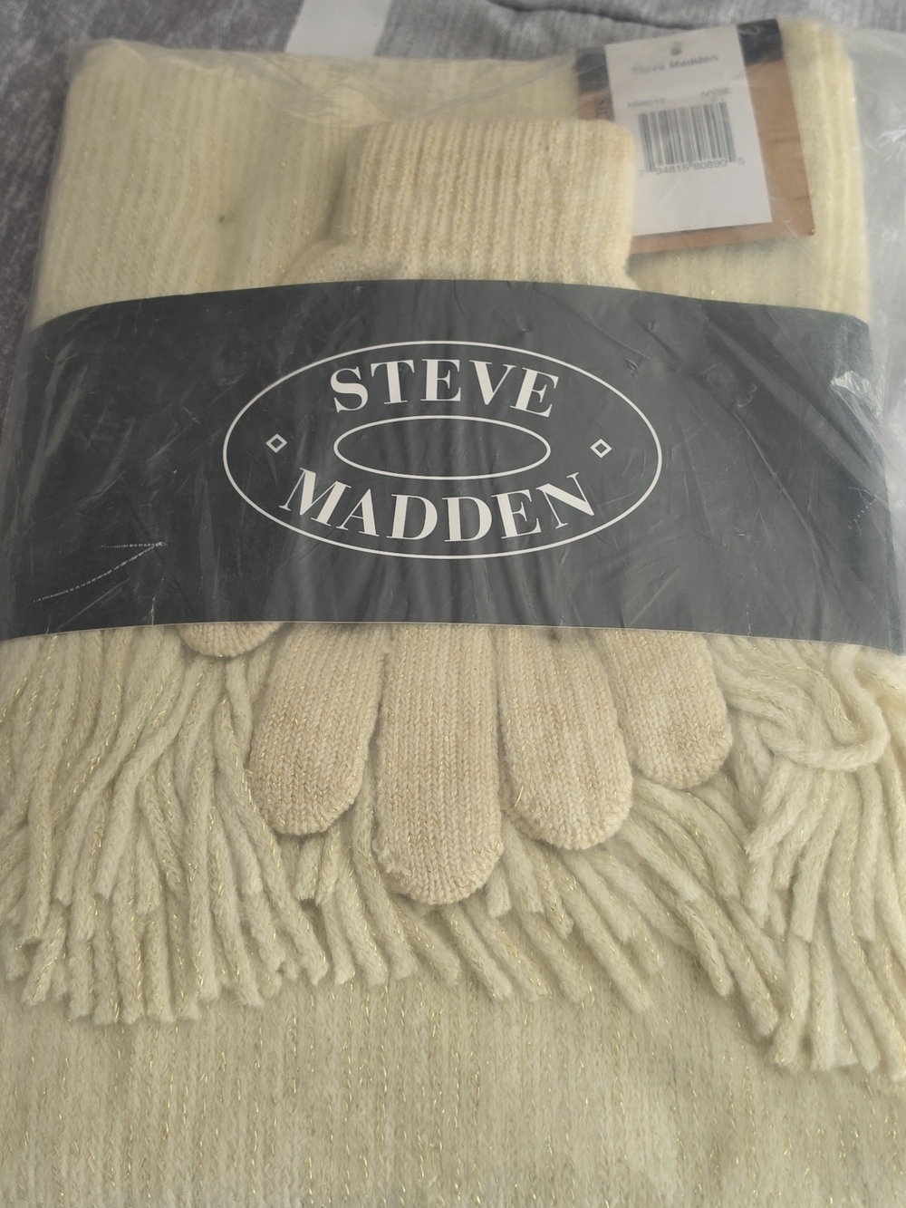Steve Madden Cream Knit Throw with Fringe and Matching Gloves